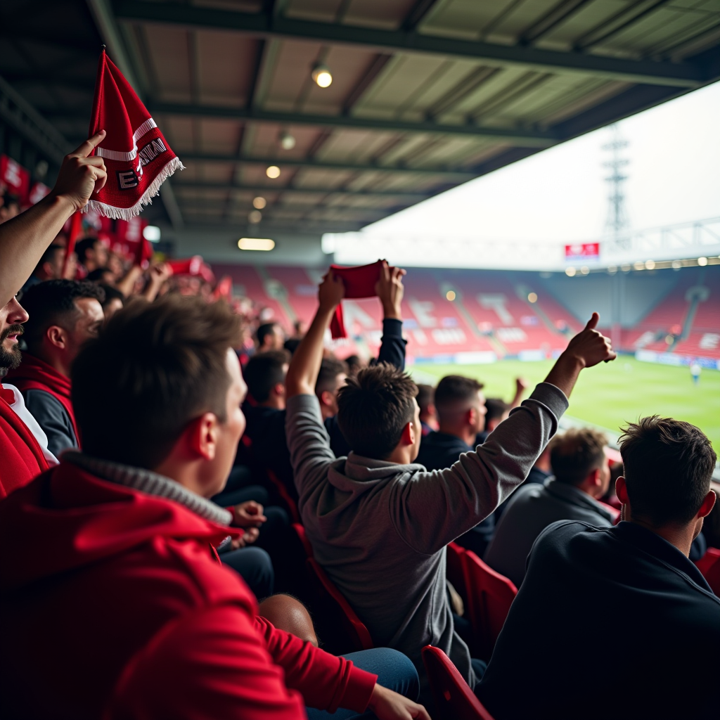 Passionate football fans in stadium stands waving scarves and flags during an intense local derby match at a historic English football ground, capturing the electric atmosphere and community spirit of English football rivalries