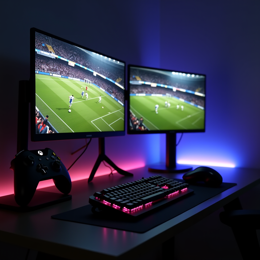 Modern gaming setup featuring dual monitors displaying a football simulation game, with gaming controller, mechanical keyboard, and ambient LED lighting on a clean desk setup