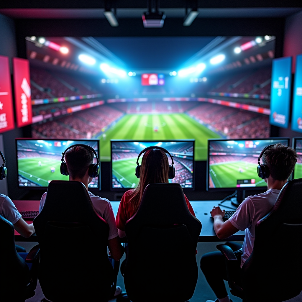 Professional esports gaming setup showing multiple monitors displaying competitive football video game matches with players wearing headsets in a tournament environment, featuring vibrant stadium graphics and team management interfaces
