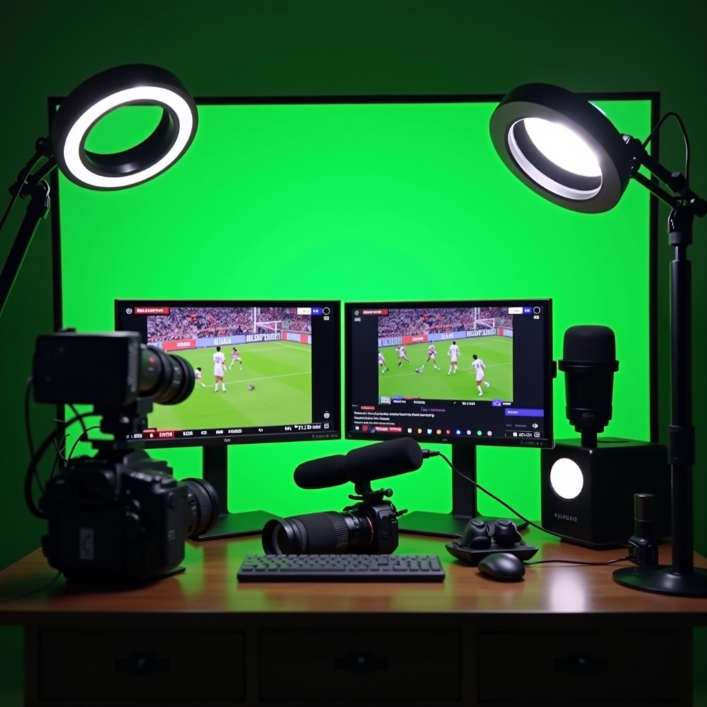 Professional streaming setup with ring lights, high-quality microphone, dual monitors showing football game and chat overlay, camera equipment, and green screen background for content creation