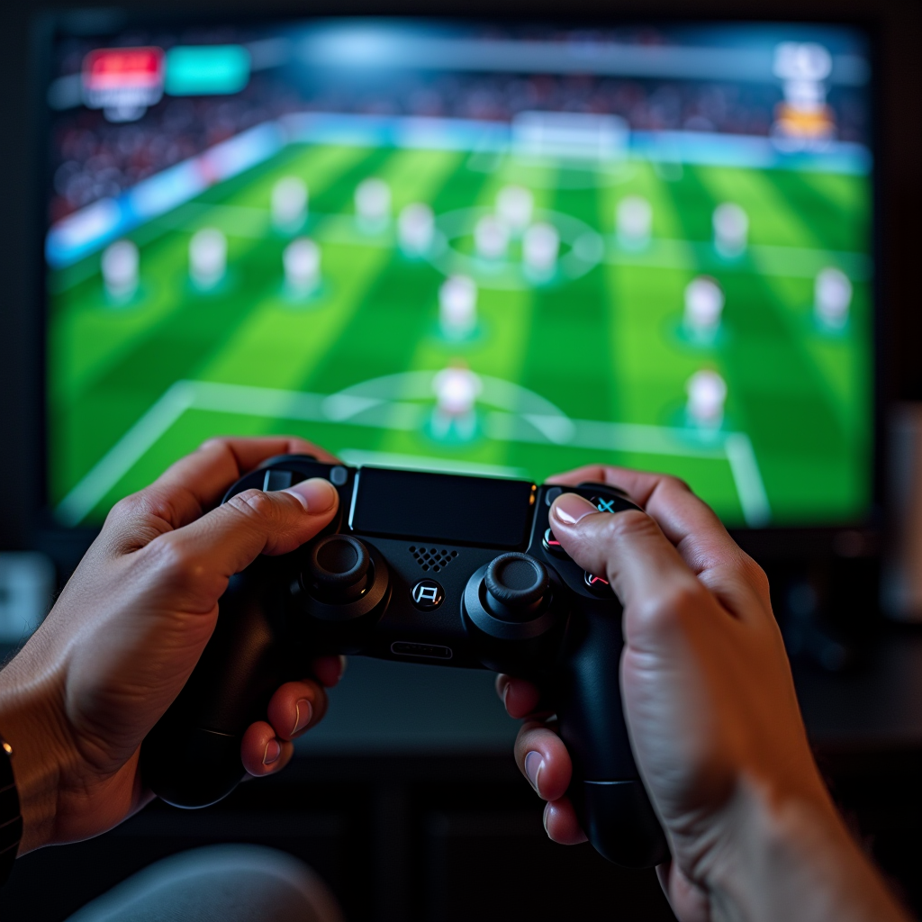 Close-up of hands on gaming controller with on-screen display showing advanced skill move tutorials, tactical diagrams, custom formation editor, and practice drill scenarios in modern football video game